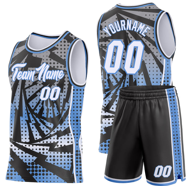 Custom Black White-Light Blue Lightning Gradient Dot Side Panel Stripe Round Neck Sublimation Basketball Set Jersey