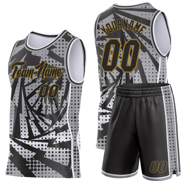 Custom Gray Black White-Old Gold Lightning Gradient Dot Side Panel Stripe Round Neck Sublimation Basketball Set Jersey