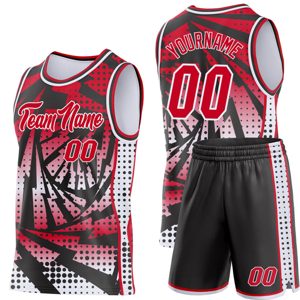 Custom Red Black-White Lightning Gradient Dot Side Panel Stripe Round Neck Sublimation Basketball Set Jersey