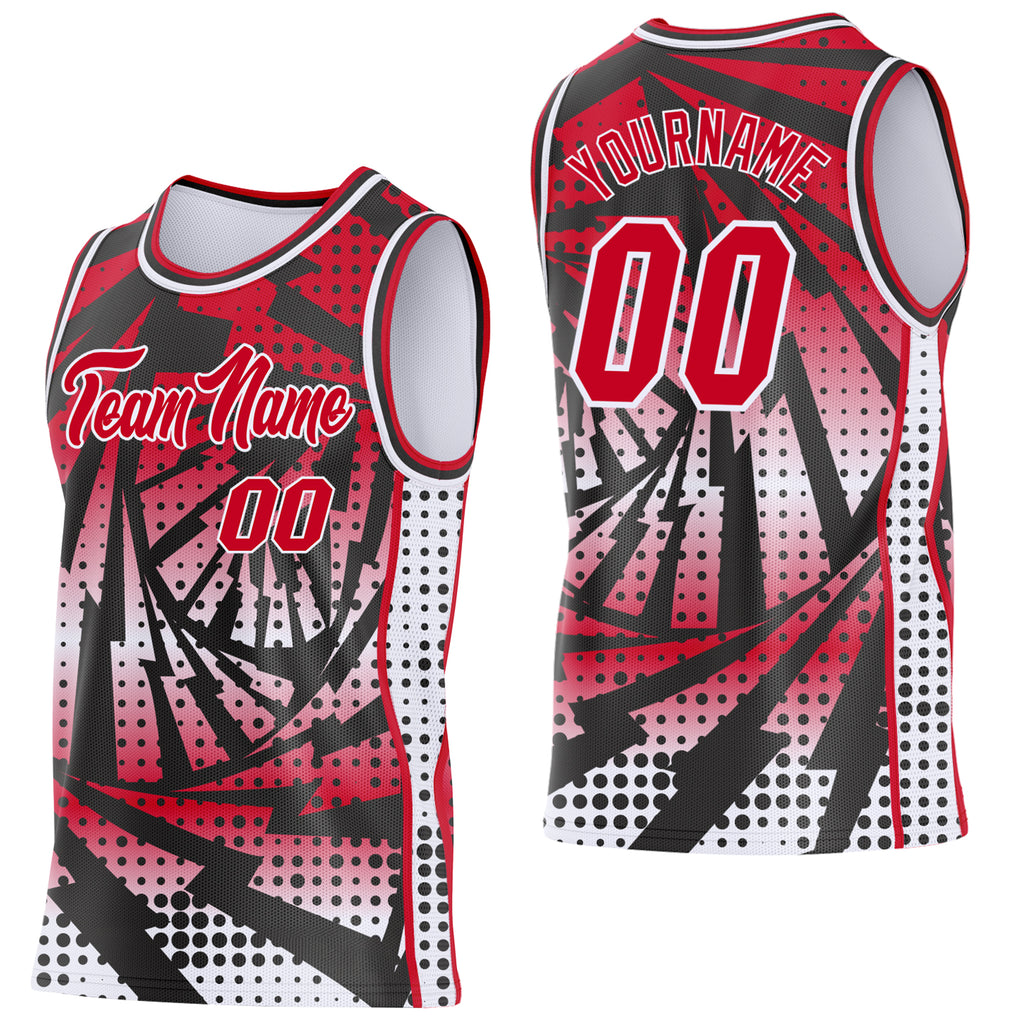 Custom Red Black-White Lightning Gradient Dot Side Panel Stripe Round Neck Sublimation Basketball Set Jersey