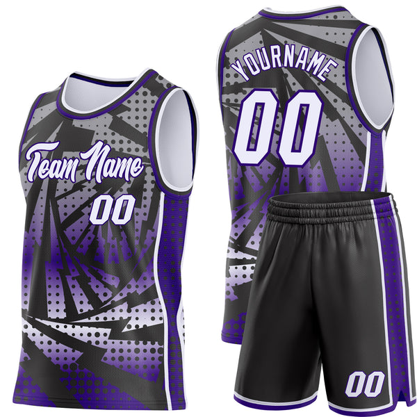 Custom Purple White-Black Lightning Gradient Dot Side Panel Stripe Round Neck Sublimation Basketball Set Jersey