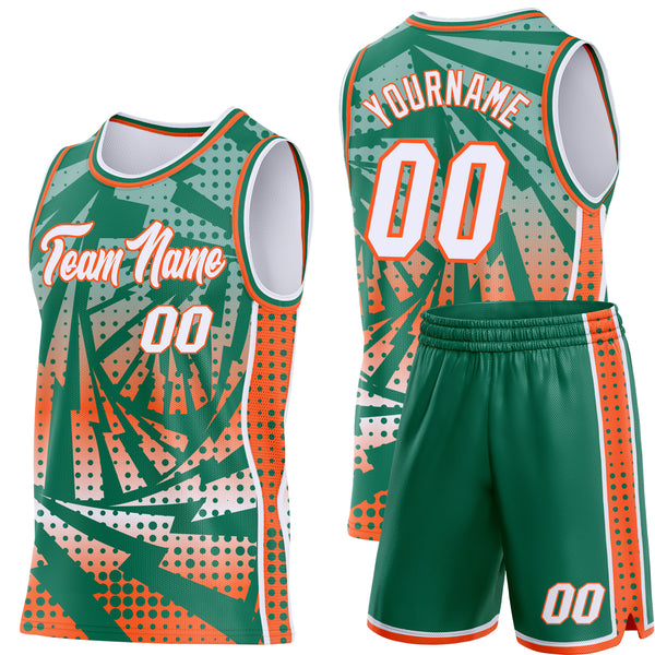 Custom Kelly Green White-Orange Lightning Gradient Dot Side Panel Stripe Round Neck Sublimation Basketball Set Jersey