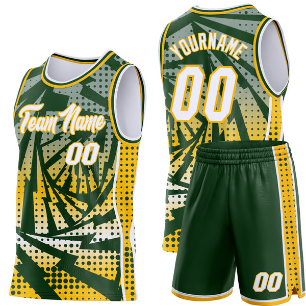 Custom Green White-Gold Lightning Gradient Dot Side Panel Stripe Round Neck Sublimation Basketball Set Jersey