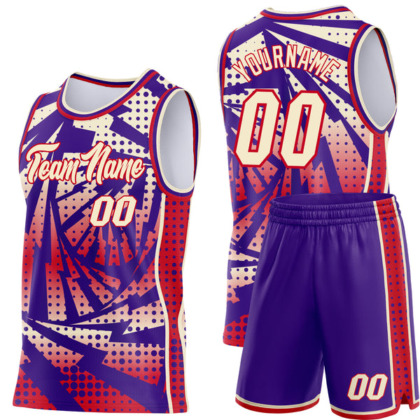 Custom Purple Cream-Red Lightning Gradient Dot Side Panel Stripe Round Neck Sublimation Basketball Set Jersey
