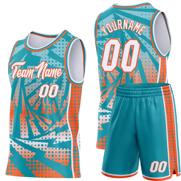 Custom Teal White-Orange Lightning Gradient Dot Side Panel Stripe Round Neck Sublimation Basketball Set Jersey