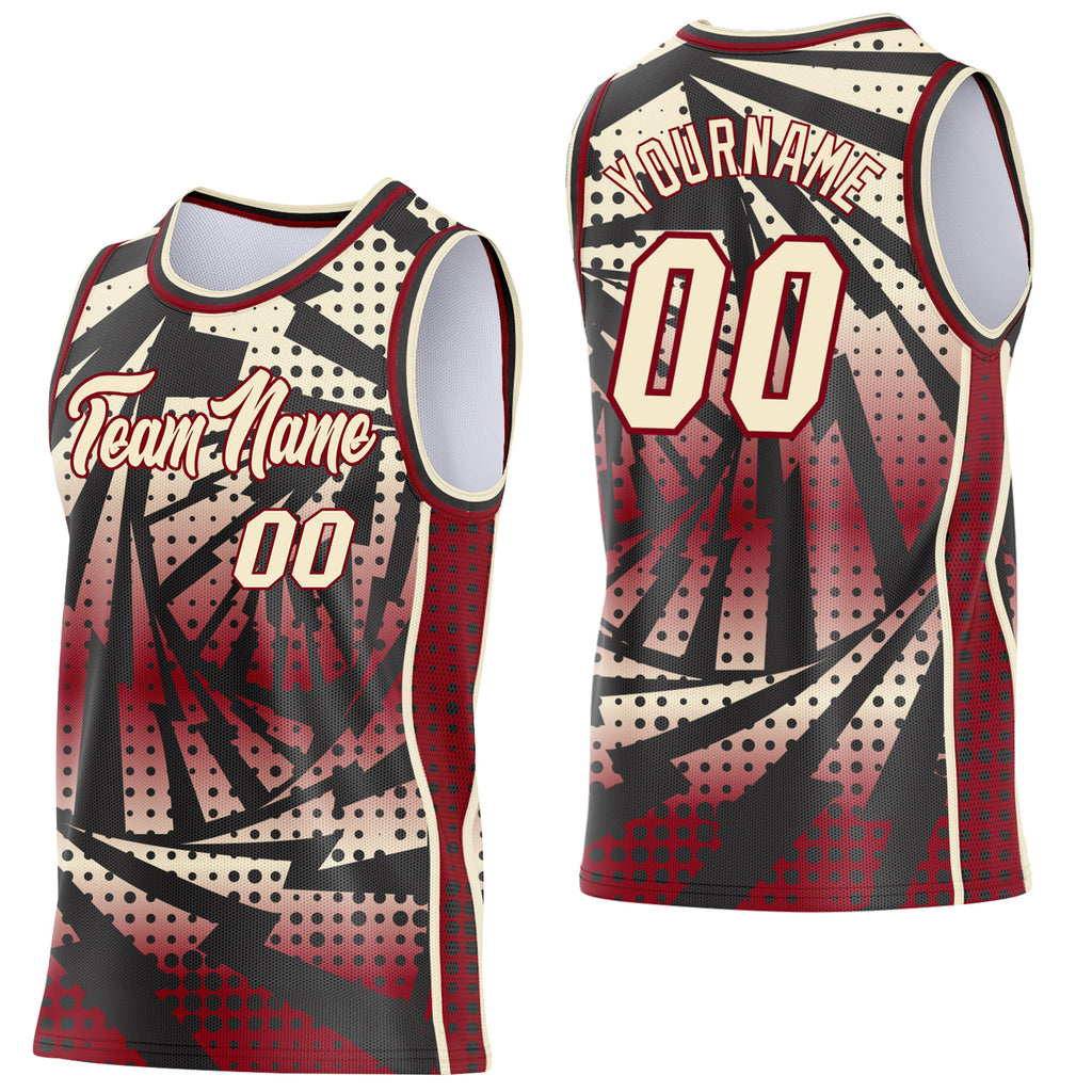 Custom Maroon Cream-Black Lightning Gradient Dot Side Panel Stripe Round Neck Sublimation Basketball Set Jersey