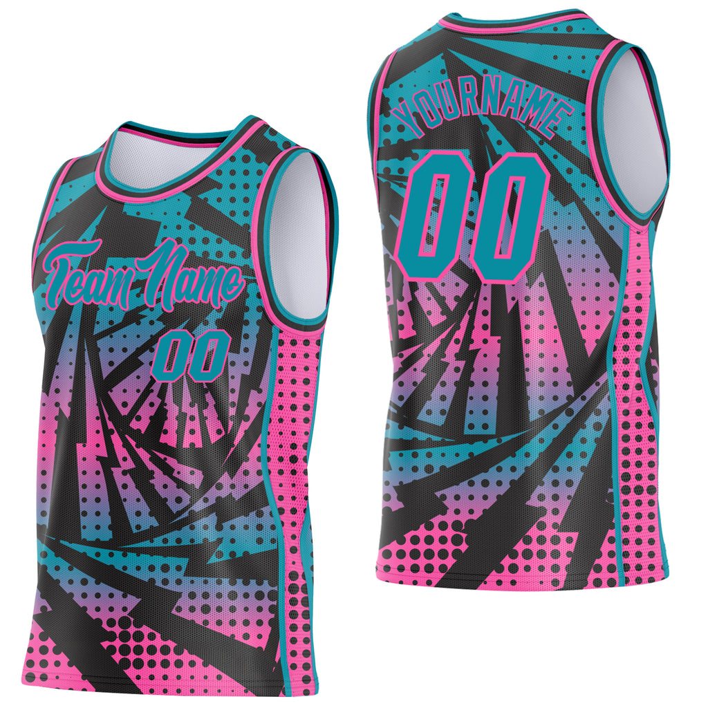 Custom Teal Black-Pink Lightning Gradient Dot Side Panel Stripe Round Neck Sublimation Basketball Set Jersey