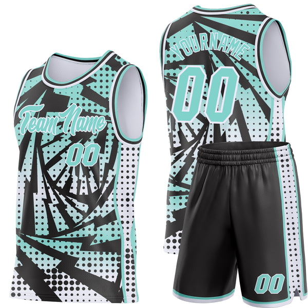 Custom Ice Blue Black-White Lightning Gradient Dot Side Panel Stripe Round Neck Sublimation Basketball Set Jersey