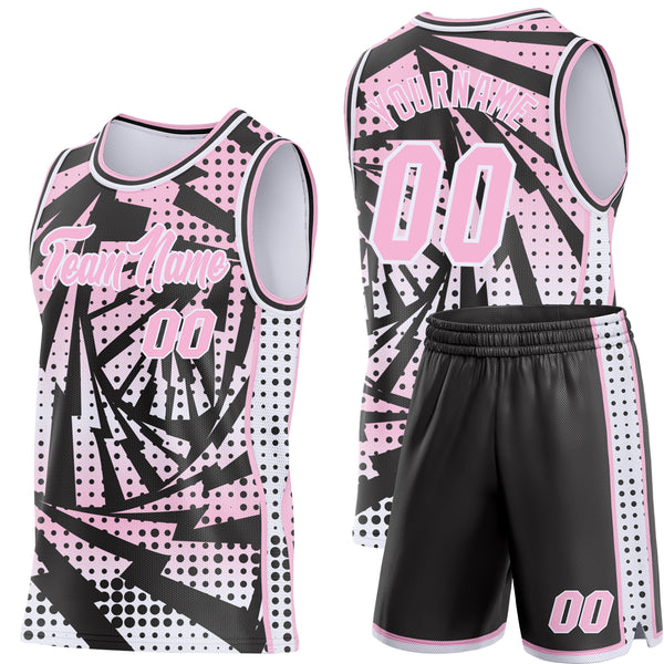 Custom Light Pink Black-White Lightning Gradient Dot Side Panel Stripe Round Neck Sublimation Basketball Set Jersey