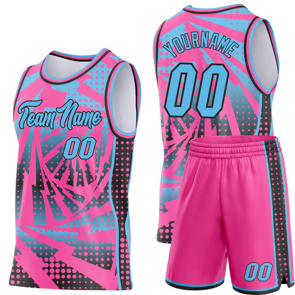 Custom Pink Sky Blue-Black Lightning Gradient Dot Side Panel Stripe Round Neck Sublimation Basketball Set Jersey