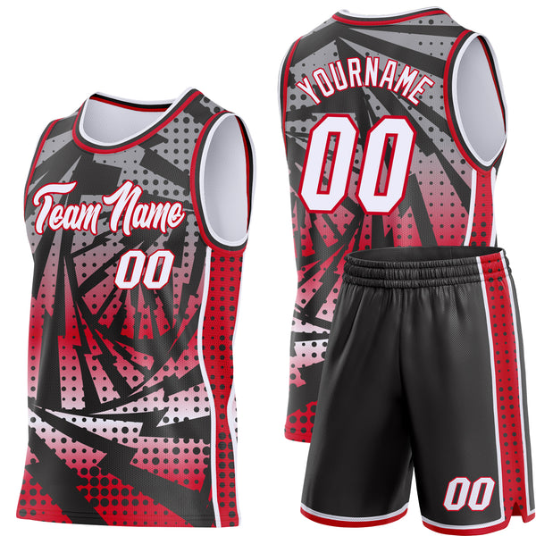 Custom Black White-Red Lightning Gradient Dot Side Panel Stripe Round Neck Sublimation Basketball Set Jersey