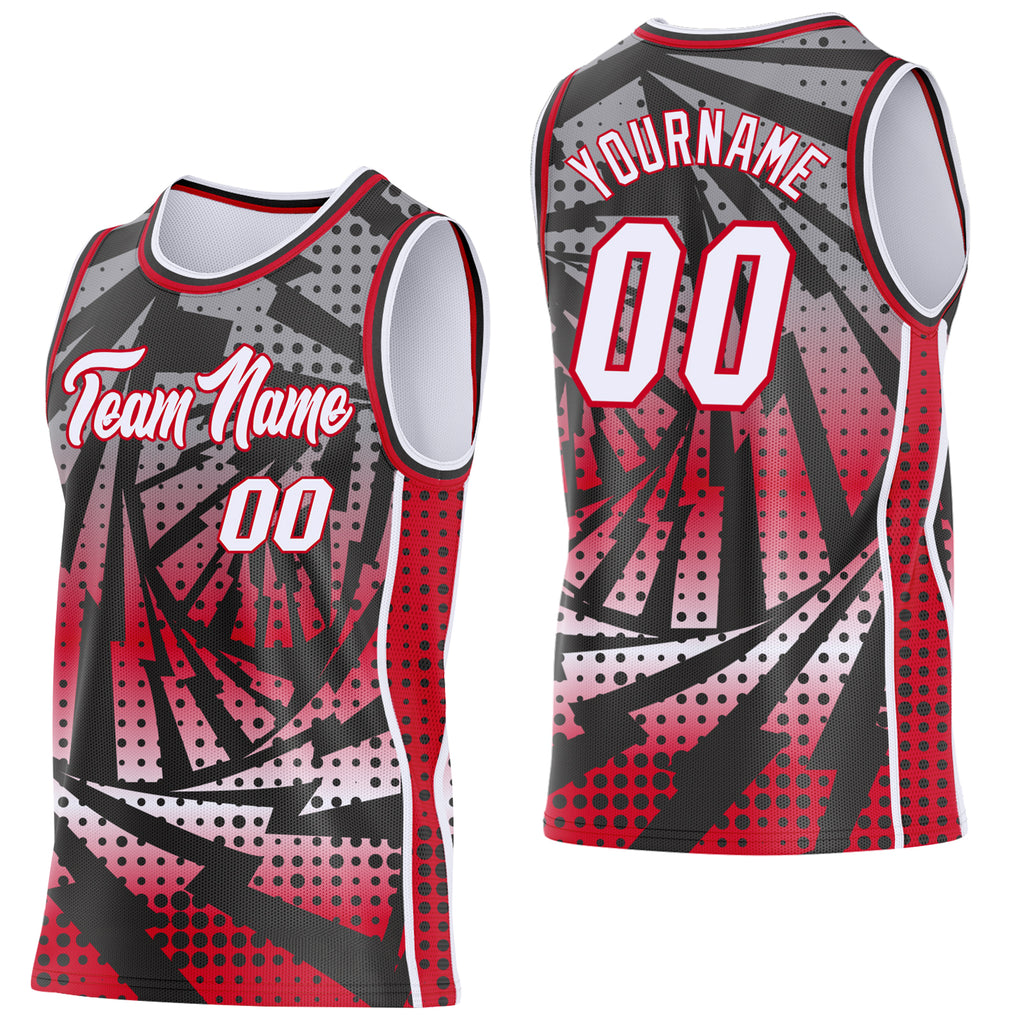 Custom Black White-Red Lightning Gradient Dot Side Panel Stripe Round Neck Sublimation Basketball Set Jersey