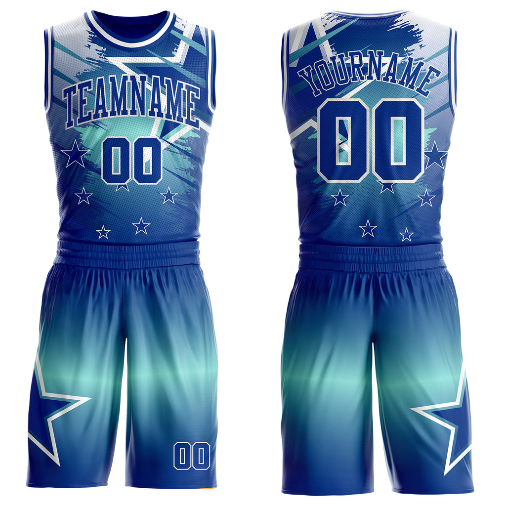 Custom Blue Royal-White Star Grunge Brush Stroke Gradient Round Neck Sublimation Basketball Uniform Jersey