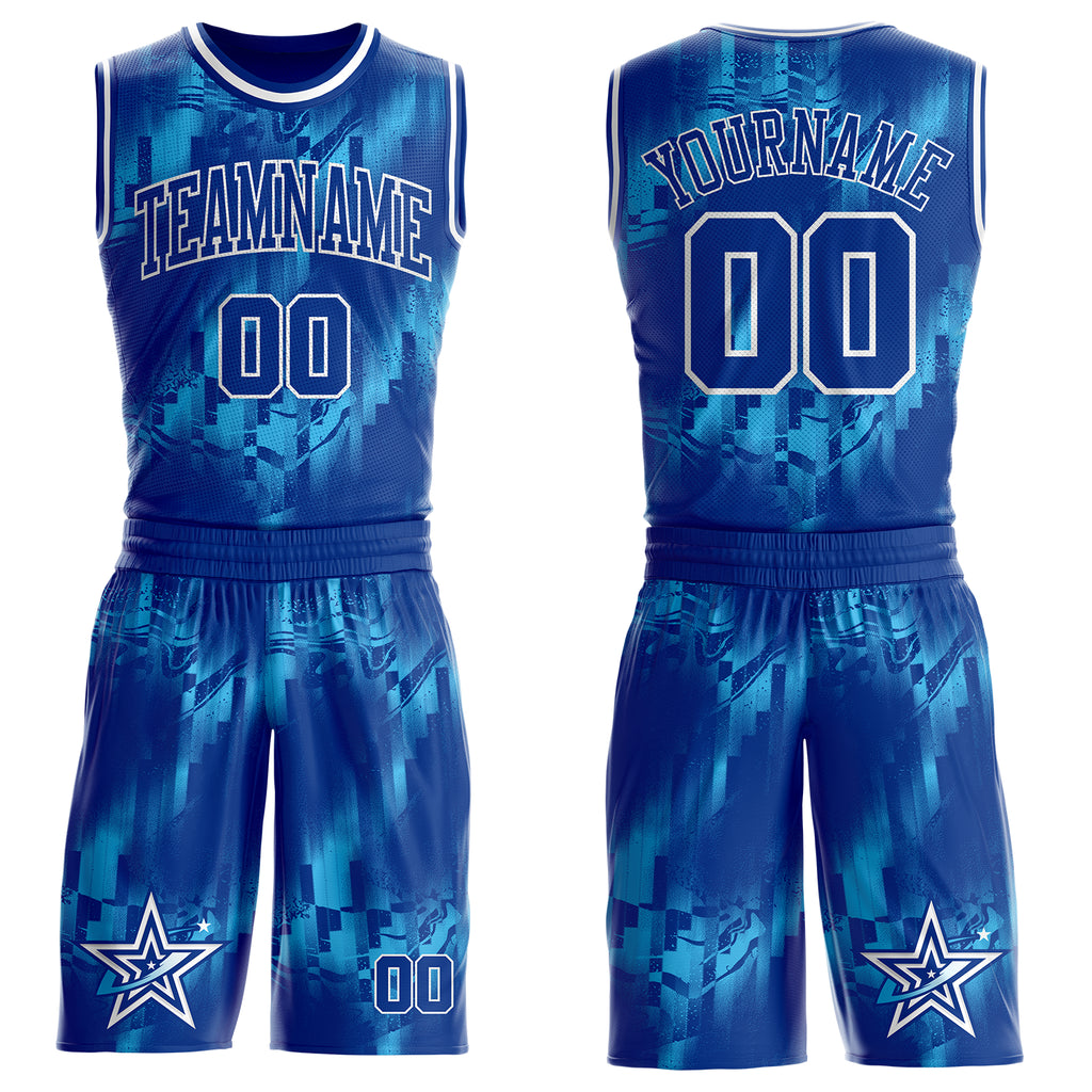 Custom Blue Royal-White Star Fluid Round Neck Sublimation Basketball Uniform Jersey
