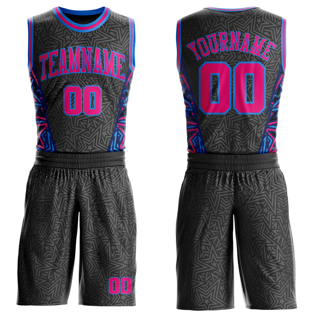 Custom Black Hot Pink-Powder Blue Geometric Starburst Color Block Round Neck Sublimation Basketball Uniform Jersey