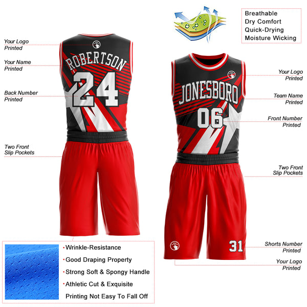Custom Fire Red White-Black Geometric Star Color Block Round Neck Sublimation Basketball Uniform Jersey