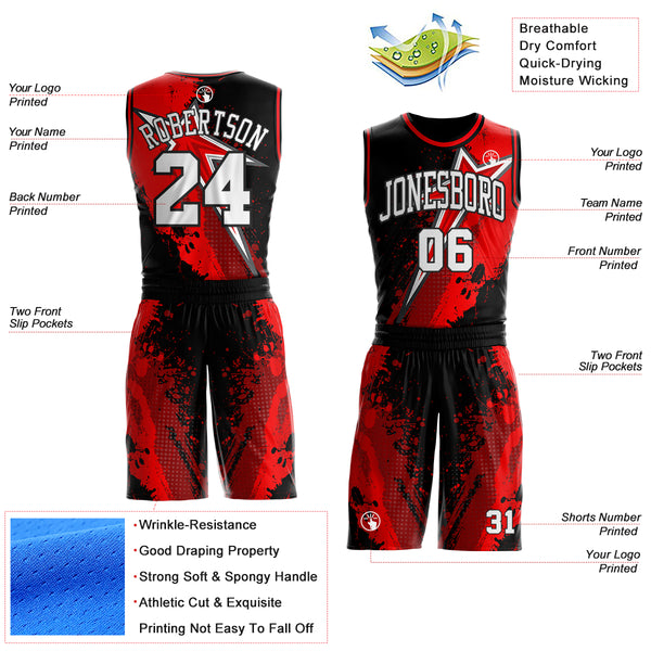 Custom Black White-Red Splatter Star Round Neck Sublimation Basketball Uniform Jersey