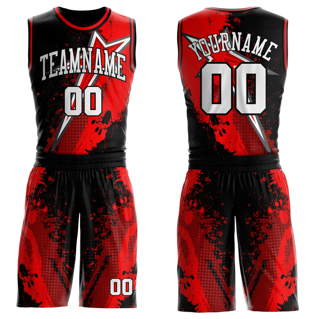 Custom Black White-Red Splatter Star Round Neck Sublimation Basketball Uniform Jersey
