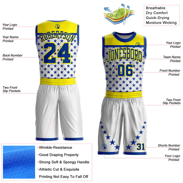 Custom White Royal Yellow-Light Yellow Geometric Star Texture Round Neck Sublimation Basketball Uniform Jersey