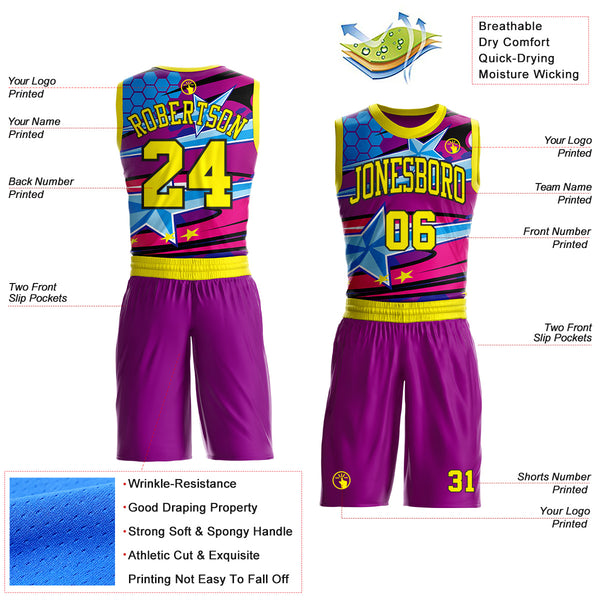 Custom Purple Yellow-Black Neon Star Color Block Round Neck Sublimation Basketball Uniform Jersey