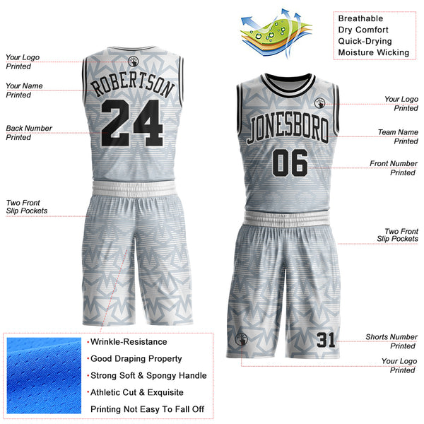 Custom White Black-Silver Geometric Star Gradient Round Neck Sublimation Basketball Uniform Jersey