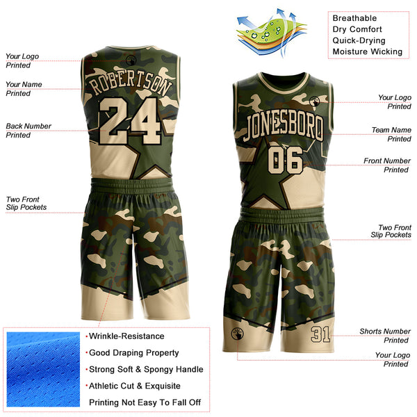Custom Camo City Cream Black-Olive Star Round Neck Sublimation Basketball Uniform Jersey