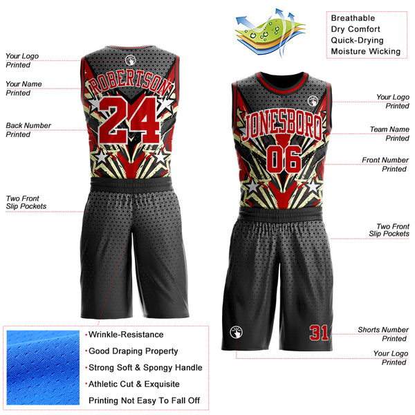 Custom Black Red Yellow-White Geometric Hexagon Starburst Round Neck Sublimation Basketball Uniform Jersey