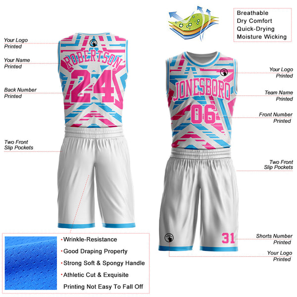 Custom White Pink-Sky Blue Geometric Stripe Star Color Block Round Neck Sublimation Basketball Uniform Jersey
