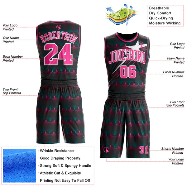 Custom Black Pink-White Gradient Star Round Neck Sublimation Basketball Uniform Jersey