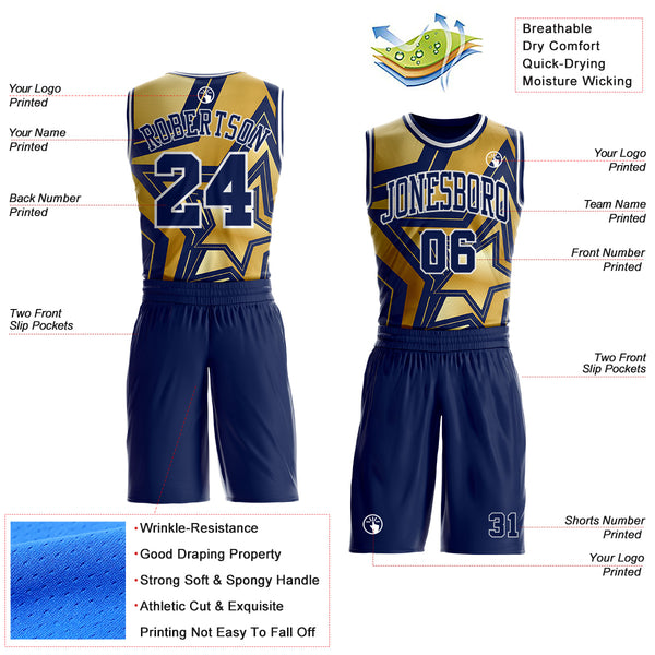 Custom Navy Old Gold-White Geometric Star Texture Round Neck Sublimation Basketball Uniform Jersey