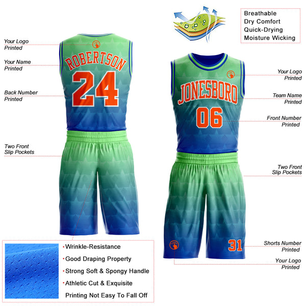 Custom Pea Green Orange Thunder Blue-White Star Dot Gradient Round Neck Sublimation Basketball Uniform Jersey