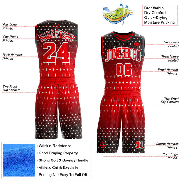 Custom Black Fire Red-White Star Gradient Round Neck Sublimation Basketball Uniform Jersey