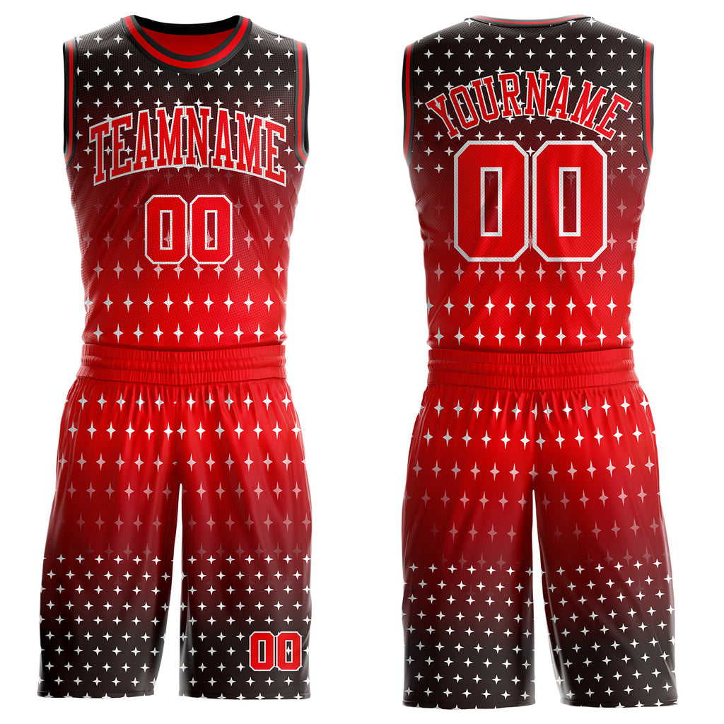 Custom Black Fire Red-White Star Gradient Round Neck Sublimation Basketball Uniform Jersey