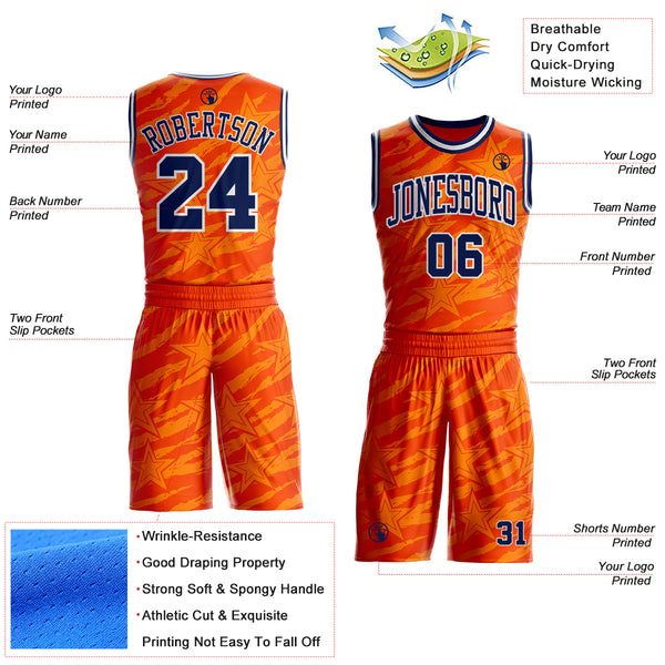 Custom Orange Navy-White Stripe Star Brush Stroke Round Neck Sublimation Basketball Uniform Jersey