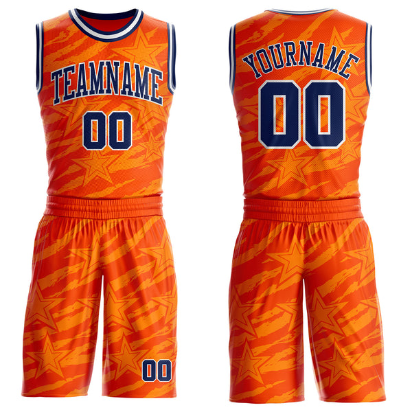 Custom Orange Navy-White Stripe Star Brush Stroke Round Neck Sublimation Basketball Uniform Jersey