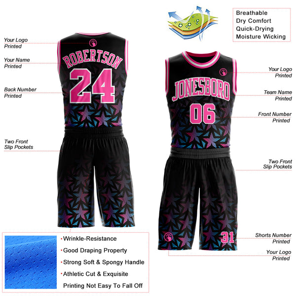 Custom Black Pink-White Gradient Star Round Neck Sublimation Basketball Uniform Jersey