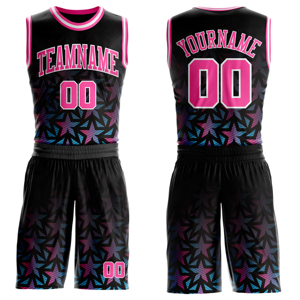 Custom Black Pink-White Gradient Star Round Neck Sublimation Basketball Uniform Jersey