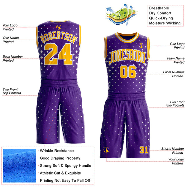 Custom Purple Gold-White Star Starry Speckle Texture Round Neck Sublimation Basketball Uniform Jersey