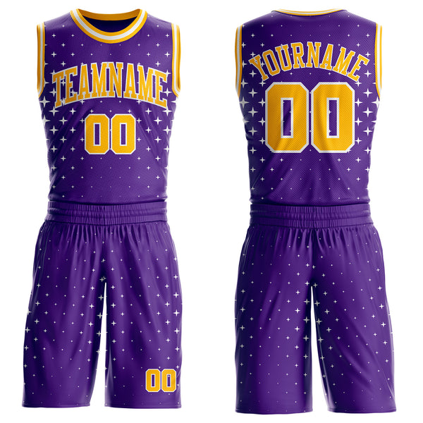 Custom Purple Gold-White Star Starry Speckle Texture Round Neck Sublimation Basketball Uniform Jersey