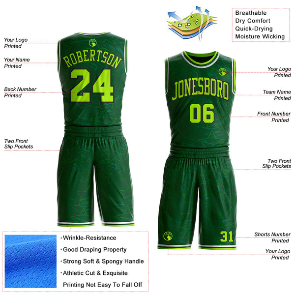 Custom Green Neon Green Black-White Geometric Star Texture Round Neck Sublimation Basketball Uniform Jersey