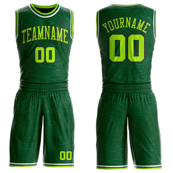 Custom Green Neon Green Black-White Geometric Star Texture Round Neck Sublimation Basketball Uniform Jersey