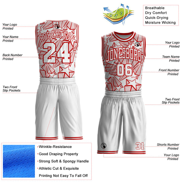 Custom White-Red Geometric Star Texture Round Neck Sublimation Basketball Uniform Jersey