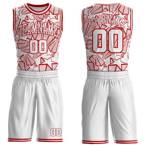 Custom White-Red Geometric Star Texture Round Neck Sublimation Basketball Uniform Jersey