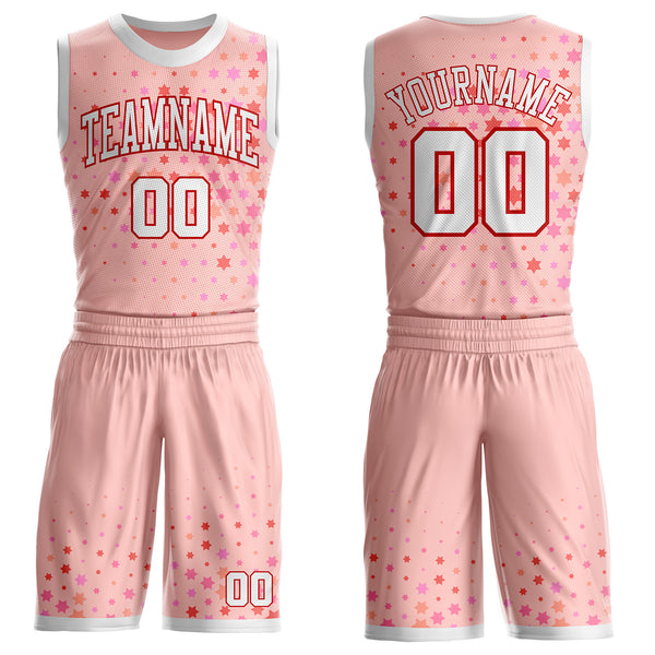 Custom Pink White-Red Star Starry Speckle Round Neck Sublimation Basketball Uniform Jersey