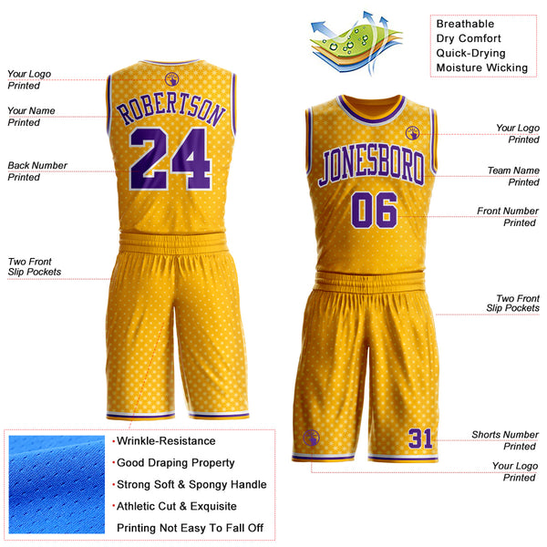 Custom Gold Purple-White Star Starry Speckle Round Neck Sublimation Basketball Uniform Jersey