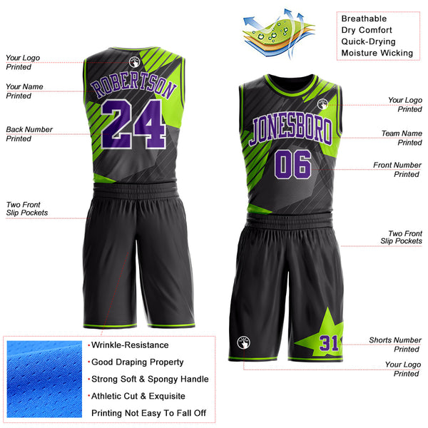 Custom Black Purple White-Neon Green Stripe Star Color Block Round Neck Sublimation Basketball Uniform Jersey
