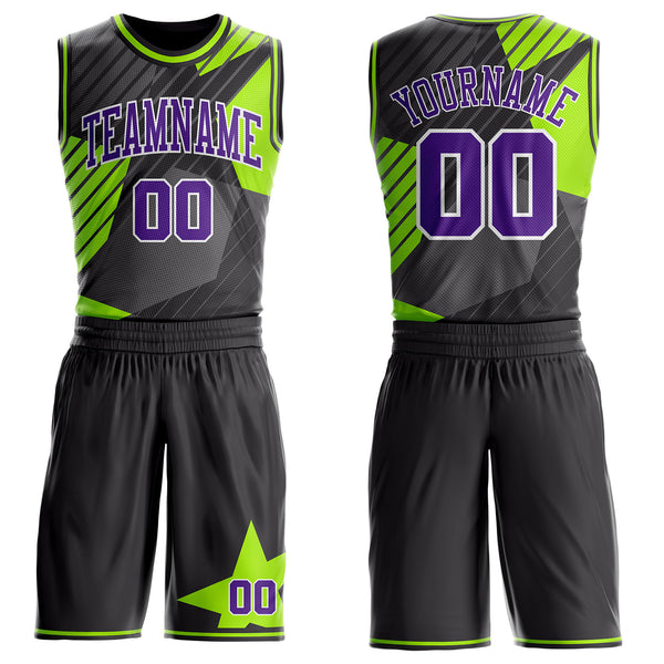 Custom Black Purple White-Neon Green Stripe Star Color Block Round Neck Sublimation Basketball Uniform Jersey