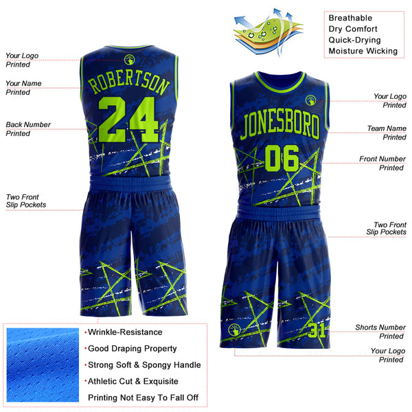 Custom Royal Neon Green-Navy Star Splatter Brush Stroke Round Neck Sublimation Basketball Uniform Jersey