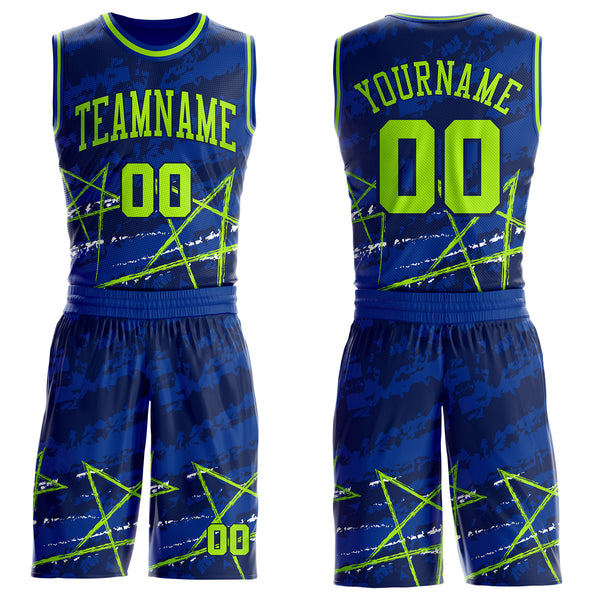 Custom Royal Neon Green-Navy Star Splatter Brush Stroke Round Neck Sublimation Basketball Uniform Jersey