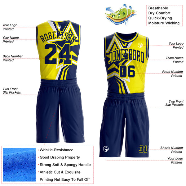 Custom Navy-Light Yellow Geometric Stripe Star Color Block Round Neck Sublimation Basketball Uniform Jersey